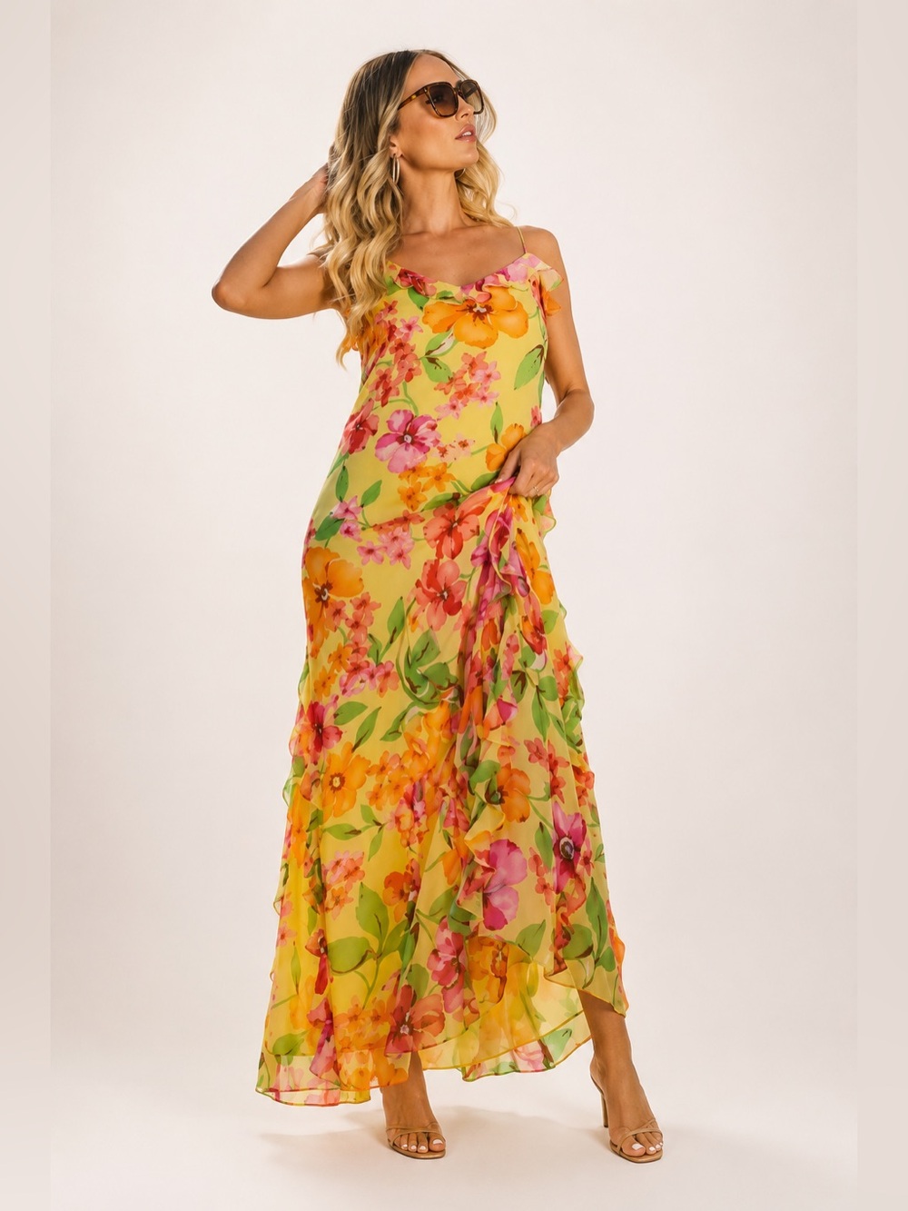 Lauren Ralph Lauren Y2K Yellow Floral 100% Silk Maxi Dress Fairy core Sz 4